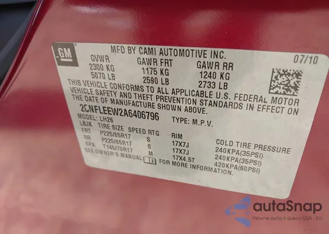 2010 Chevrolet Equinox Lt z USA, uszkodzony, nr VIN 2CNFLEEW2A6406796